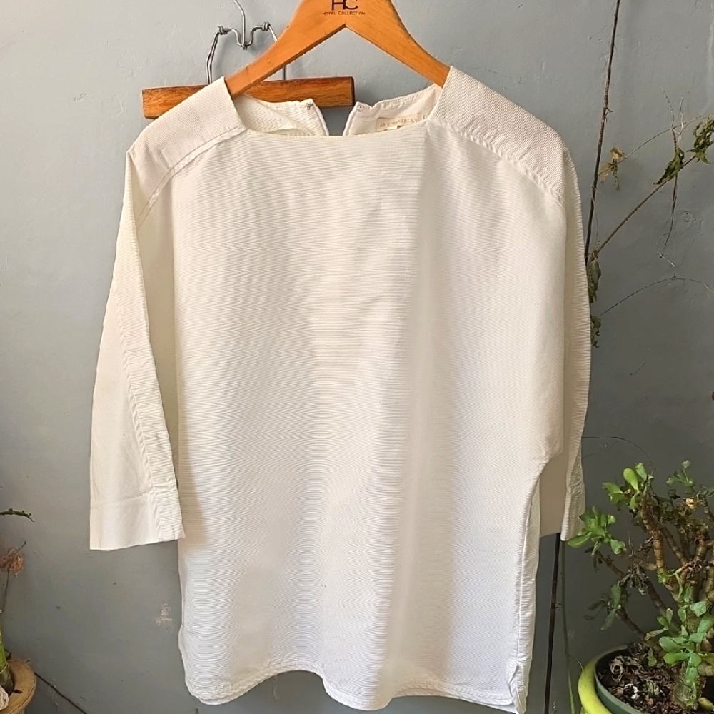 Ann Mashburn White Boxy Blouse Top 100% Cotton 3/4 Sleeve Sz L